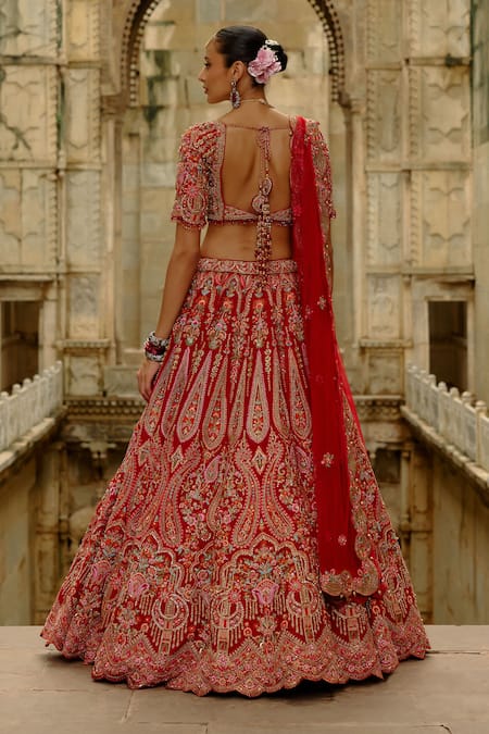 Shop Nitika Gujral Red Silk, Net Embroidery, Pearls, Zari, Raw Multi Resham Bridal Lehenga Set at Aza Fashions Shop_Nitika Gujral_Red Silk, Net Embroidery, Pearls, Zari, Raw Multi Resham Bridal Lehenga Set _at_Aza_Fashions