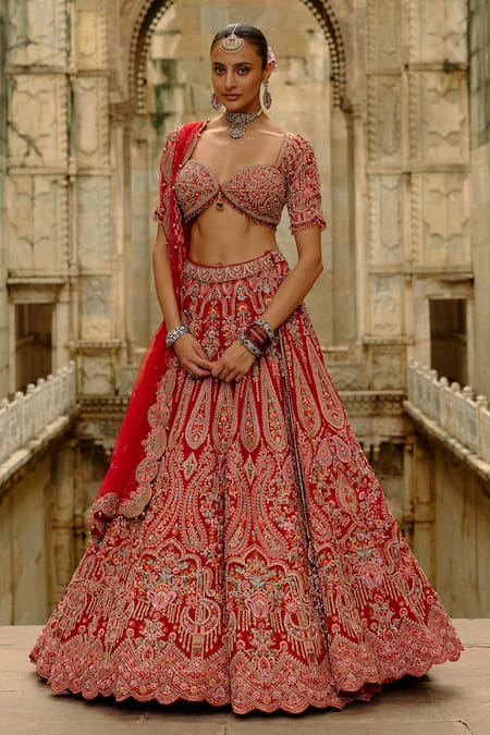 Nitika Gujral Red Silk, Net Embroidery, Pearls, Raw Multi Resham Bridal Lehenga Set 