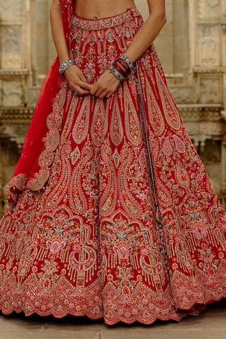 Shop_Nitika Gujral_Red Silk, Net Embroidery, Pearls, Raw Multi Resham Bridal Lehenga Set _Online_at_Aza_Fashions