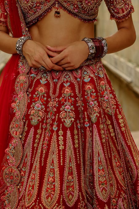 Nitika Gujral_Red Silk, Net Embroidery, Pearls, Raw Multi Resham Bridal Lehenga Set _at_Aza_Fashions