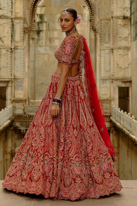 Buy_Nitika Gujral_Red Silk, Net Embroidery, Pearls, Raw Multi Resham Bridal Lehenga Set 
