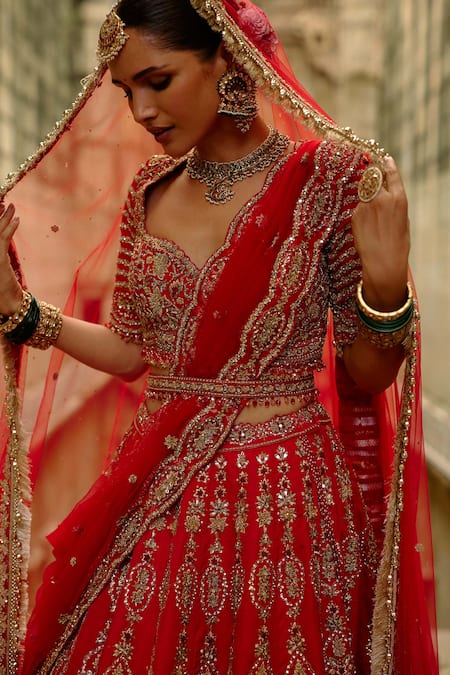 Shop Nitika Gujral Red Silk, Net Embroidery, Crystals, Pearls, Zari, Hand Bridal Lehenga Set Online at Aza Fashions Shop_Nitika Gujral_Red Silk, Net Embroidery, Crystals, Pearls, Zari, Hand Bridal Lehenga Set _Online_at_Aza_Fashions