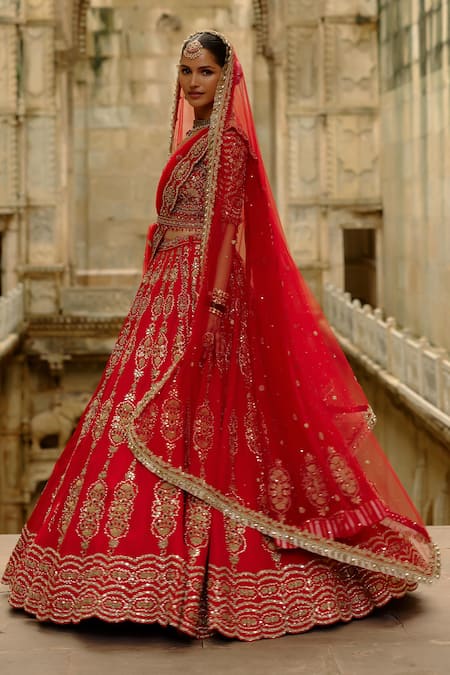 Buy Nitika Gujral Red Silk, Net Embroidery, Zari, Stones, Pearls, Hand Bridal Lehenga Set Online at Aza Fashions Buy_Nitika Gujral_Red Silk, Net Embroidery, Zari, Stones, Pearls, Hand Bridal Lehenga Set _Online_at_Aza_Fashions