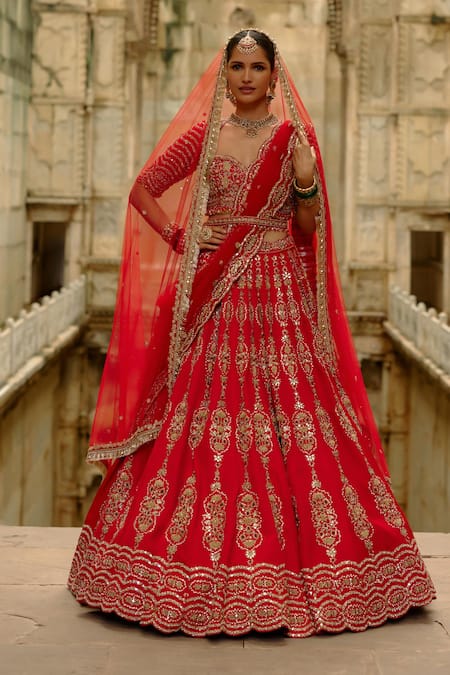 Nitika Gujral Red Silk, Net Embroidery, Zari, Stones, Pearls, Hand Bridal Lehenga Set