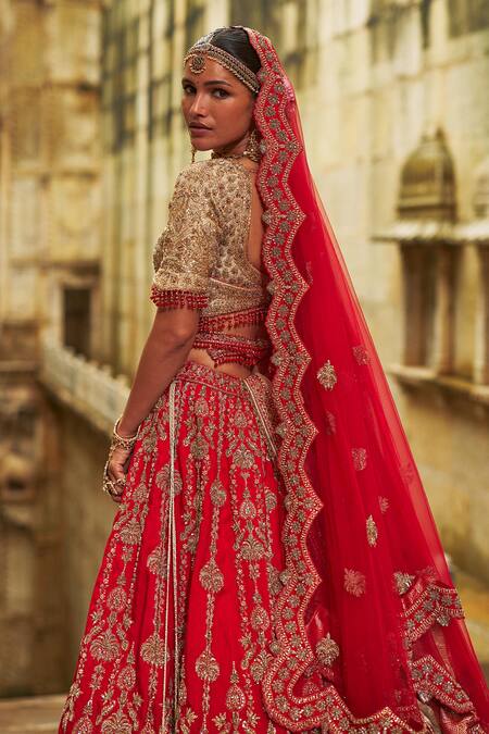 Buy Nitika Gujral Red Silk, Net Embroidery, Sequins, Zari, Pearls V-neck Hand Bridal Lehenga Set Online at Aza Fashions Buy_Nitika Gujral_Red Silk, Net Embroidery, Sequins, Zari, Pearls V-neck Hand Bridal Lehenga Set _Online_at_Aza_Fashions