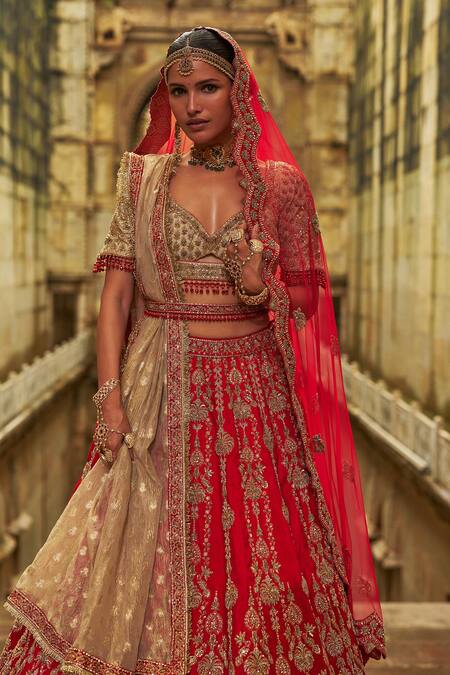 Shop Nitika Gujral Red Silk, Net Embroidery, Sequins, Zari, Pearls V-neck Hand Bridal Lehenga Set Online at Aza Fashions Shop_Nitika Gujral_Red Silk, Net Embroidery, Sequins, Zari, Pearls V-neck Hand Bridal Lehenga Set _Online_at_Aza_Fashions