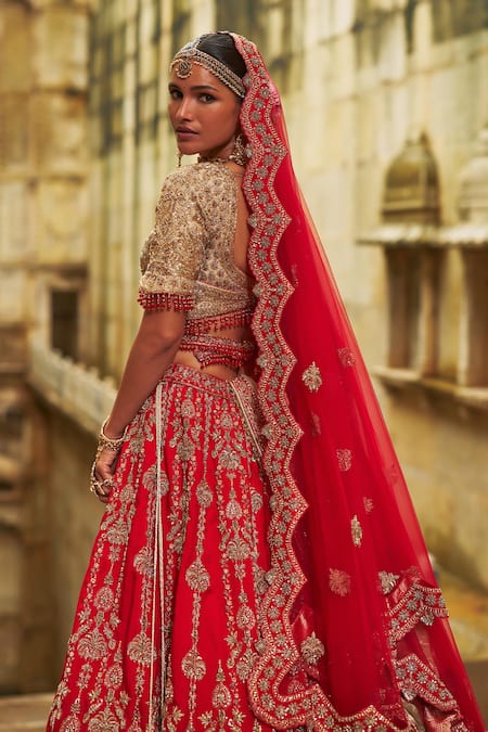 Buy Nitika Gujral Red Silk, Net Embroidery, Sequins, Zari, Pearls, Stones Hand Bridal Lehenga Set Online at Aza Fashions Buy_Nitika Gujral_Red Silk, Net Embroidery, Sequins, Zari, Pearls, Stones Hand Bridal Lehenga Set _Online_at_Aza_Fashions