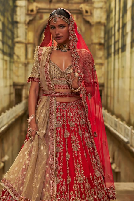 Shop Nitika Gujral Red Silk, Net Embroidery, Sequins, Zari, Pearls, Stones Hand Bridal Lehenga Set Online at Aza Fashions Shop_Nitika Gujral_Red Silk, Net Embroidery, Sequins, Zari, Pearls, Stones Hand Bridal Lehenga Set _Online_at_Aza_Fashions