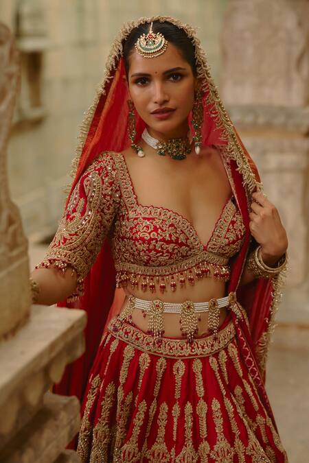 Buy Nitika Gujral Red Silk, Net Embroidery, Zari, Pearls, Sequins, Dori Work Bridal Lehenga Set Online at Aza Fashions Buy_Nitika Gujral_Red Silk, Net Embroidery, Zari, Pearls, Sequins, Dori Work Bridal Lehenga Set _Online_at_Aza_Fashions