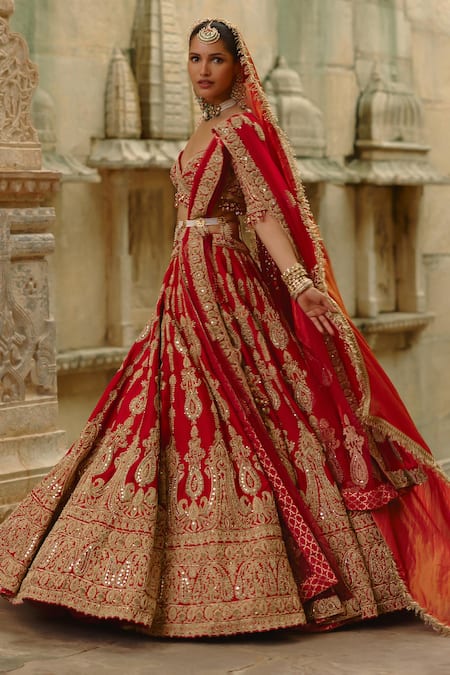 Shop Nitika Gujral Red Silk, Net Embroidery, Zari, Pearls, Sequins, Dori Work Bridal Lehenga Set Online at Aza Fashions Shop_Nitika Gujral_Red Silk, Net Embroidery, Zari, Pearls, Sequins, Dori Work Bridal Lehenga Set _Online_at_Aza_Fashions