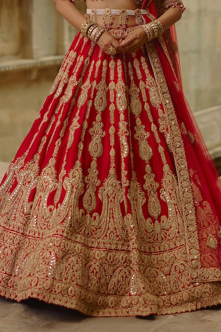Shop_Nitika Gujral_Red Silk, Net Embroidery, Zari, Pearls, Sequins, Dori Work Bridal Lehenga Set _Online_at_Aza_Fashions