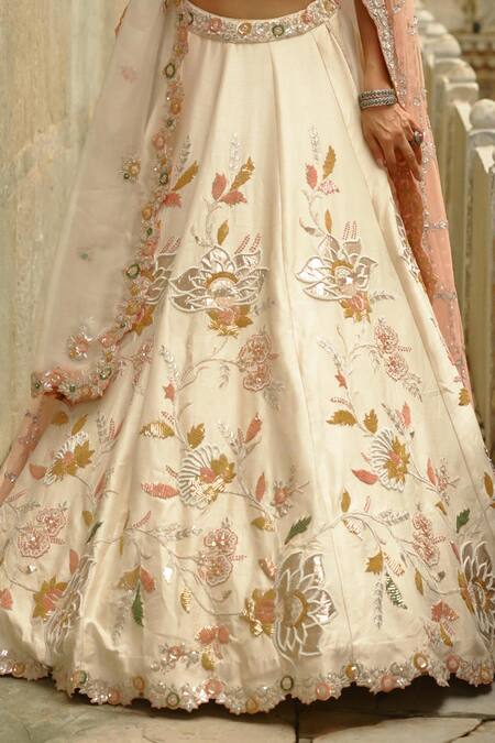 Buy_Nitika Gujral_Cream Silk, Organza Sequins, Gota Patti, Zari, Pearls, Raw Work Lehenga Set _Online_at_Aza_Fashions