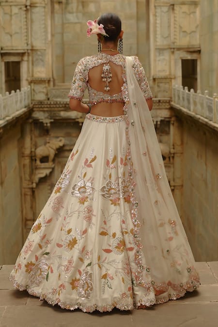 Nitika Gujral Cream Raw Silk Gota Work Lehenga Set 