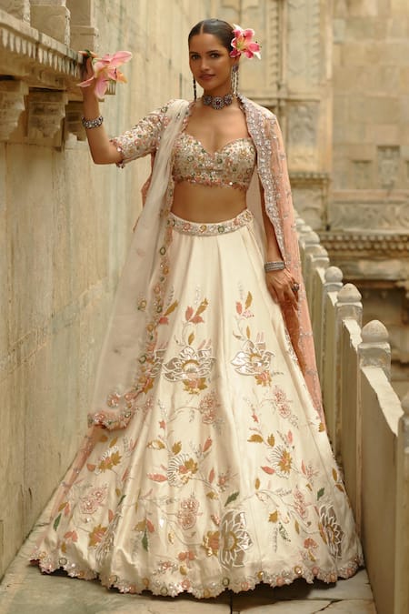 Nitika Gujral Cream Silk, Organza Sequins, Gota Patti, Zari, Pearls, Raw Work Lehenga Set