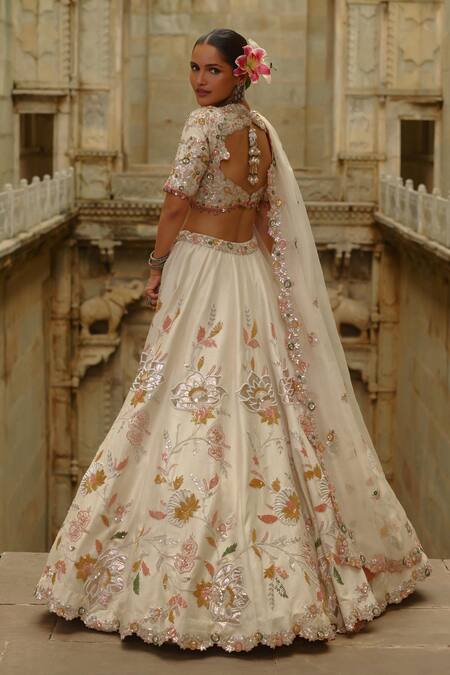Shop_Nitika Gujral_Cream Silk, Organza Sequins, Gota Patti, Zari, Pearls, Raw Work Lehenga Set _Online_at_Aza_Fashions