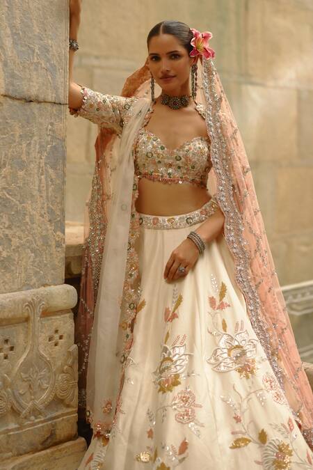Nitika Gujral_Cream Silk, Organza Sequins, Gota Patti, Zari, Pearls, Raw Work Lehenga Set _at_Aza_Fashions