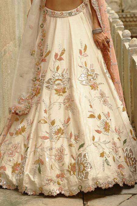 Buy_Nitika Gujral_Cream Silk, Organza Sequins, Gota Patti, Zari, Pearls, Raw Work Lehenga Set _Online_at_Aza_Fashions