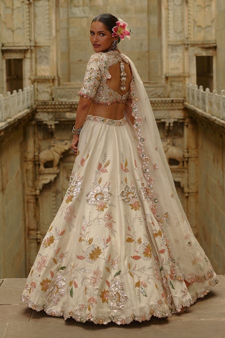 Shop_Nitika Gujral_Cream Silk, Organza Sequins, Gota Patti, Zari, Pearls, Raw Work Lehenga Set _Online_at_Aza_Fashions
