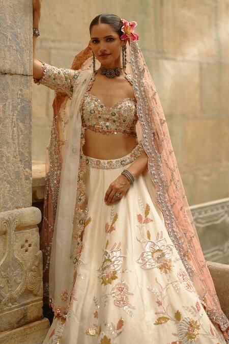 Nitika Gujral_Cream Silk, Organza Sequins, Gota Patti, Zari, Pearls, Raw Work Lehenga Set _at_Aza_Fashions