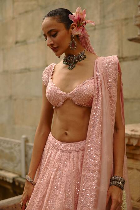Buy Nitika Gujral Pink Net Embroidery, Sequins Sweetheart Neck Bridal Lehenga Set Online at Aza Fashions Buy_Nitika Gujral_Pink Net Embroidery, Sequins Sweetheart Neck Bridal Lehenga Set _Online_at_Aza_Fashions