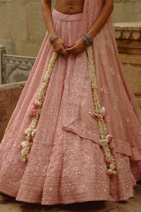 Shop Nitika Gujral Pink Net Embroidery, Sequins Sweetheart Neck Bridal Lehenga Set Online at Aza Fashions Shop_Nitika Gujral_Pink Net Embroidery, Sequins Sweetheart Neck Bridal Lehenga Set _Online_at_Aza_Fashions