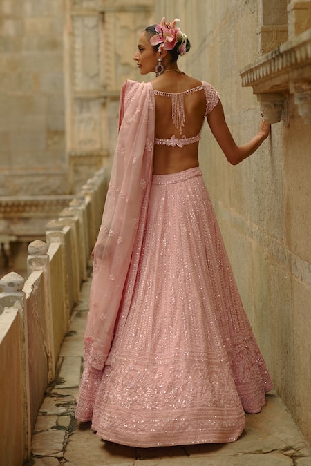 Nitika Gujral Pink Net Embroidered Bridal Lehenga Set 