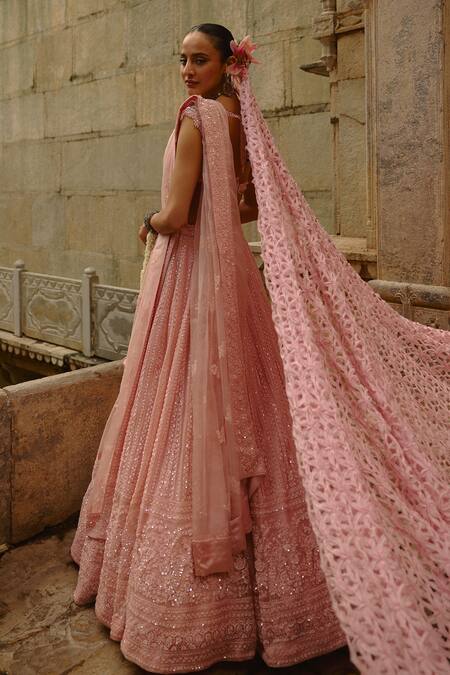 Nitika Gujral Pink Net Embroidery, Sequins Sweetheart Neck Bridal Lehenga Set at Aza Fashions Nitika Gujral_Pink Net Embroidery, Sequins Sweetheart Neck Bridal Lehenga Set _at_Aza_Fashions