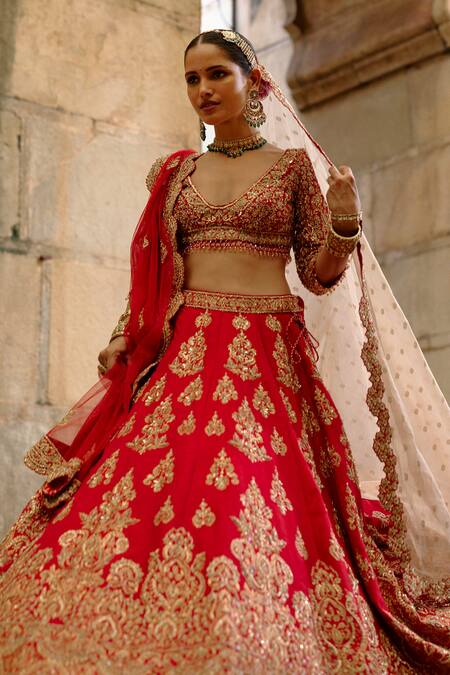 Shop_Nitika Gujral_Red Silk, Net Zari, Embroidery, Sequins, Crystals Embellished Bridal Lehenga Set _Online_at_Aza_Fashions