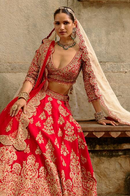 Nitika Gujral_Red Silk, Net Zari, Embroidery, Sequins, Crystals Embellished Bridal Lehenga Set _at_Aza_Fashions