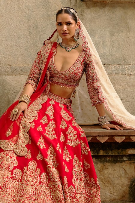 Nitika Gujral_Red Silk, Net Zari, Embroidery, Sequins, Stones, Embellished Bridal Lehenga Set _at_Aza_Fashions