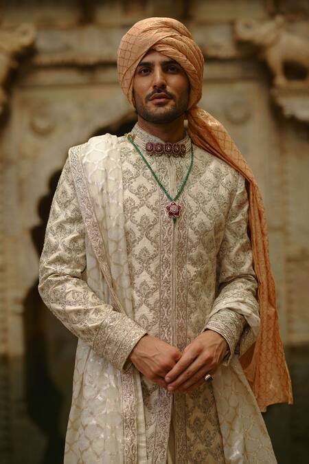 Buy_Nitika Gujral_Ivory Taffeta, Silk, Tussar Embroidery, Beads Jaal Sherwani Set _Online_at_Aza_Fashions