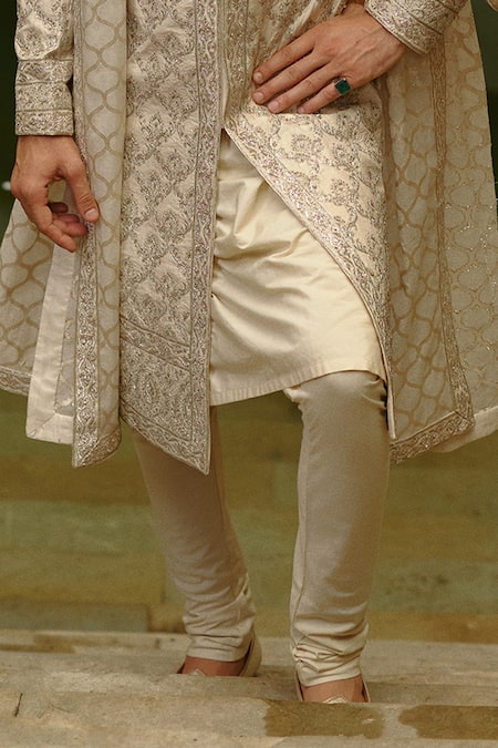Shop_Nitika Gujral_Ivory Taffeta, Silk, Tussar Embroidery, Beads Jaal Sherwani Set _Online_at_Aza_Fashions
