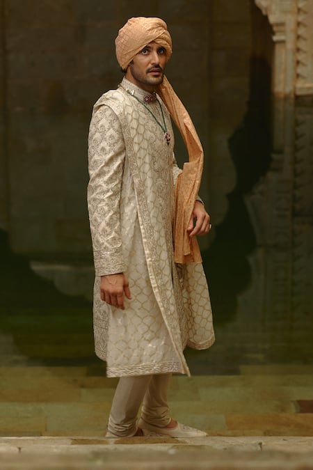 Nitika Gujral_Ivory Taffeta, Silk, Tussar Embroidery, Beads Jaal Sherwani Set _at_Aza_Fashions