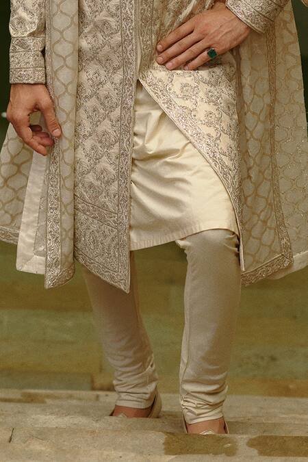 Shop_Nitika Gujral_Ivory Taffeta, Silk, Tussar Embroidery, Beads, Zari, Diamonds Jaal Sherwani Set _Online_at_Aza_Fashions