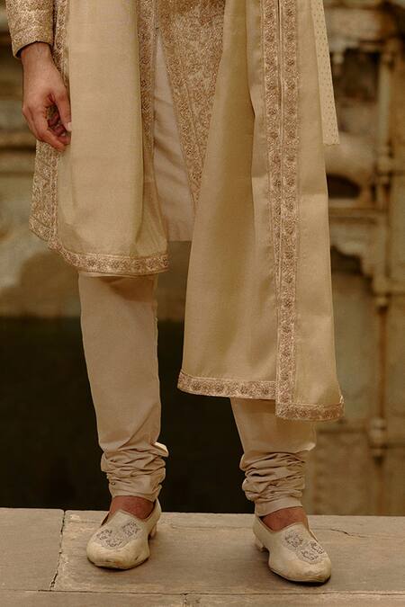 Buy_Nitika Gujral_Gold Silk, Cotton, Tissue Beads, Crystals, Embroidery, Tonal Sherwani Set _Online_at_Aza_Fashions