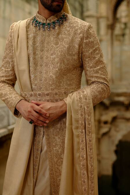 Nitika Gujral_Gold Silk, Cotton, Tissue Beads, Crystals, Embroidery, Tonal Sherwani Set _at_Aza_Fashions