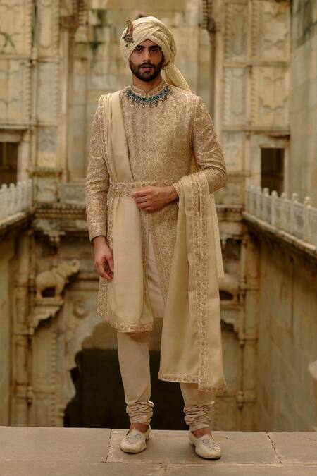 Buy Nitika Gujral Gold Silk, Tissue, Cotton Beads, Zari, Stones, Embroidery Tonal Sherwani Set Online at Aza Fashions Buy_Nitika Gujral_Gold Silk, Tissue, Cotton Beads, Zari, Stones, Embroidery Tonal Sherwani Set _Online_at_Aza_Fashions