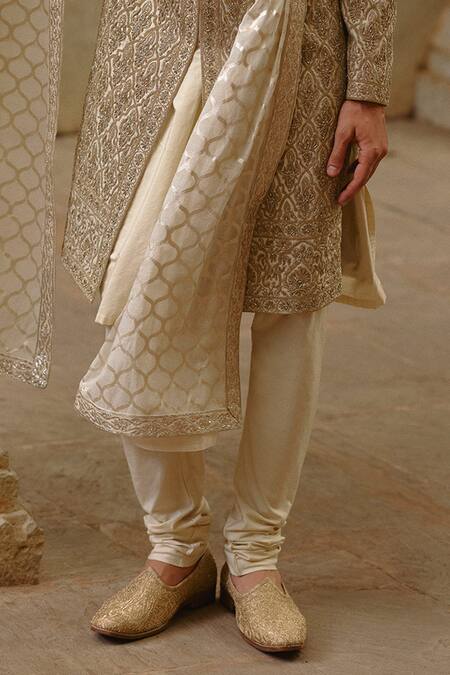Shop_Nitika Gujral_Gold Brocade, Cotton, Silk Embroidery, Metallic Floral Jaal Work Sherwani Set _Online_at_Aza_Fashions