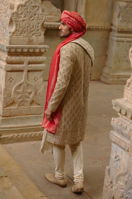 Buy_Nitika Gujral_Gold Brocade, Cotton, Silk Embroidery, Metallic Floral Jaal Work Sherwani Set 