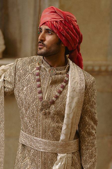Buy_Nitika Gujral_Gold Brocade, Cotton Satin, Cotton, Silk, Floral Jaal Work Sherwani Set _Online_at_Aza_Fashions