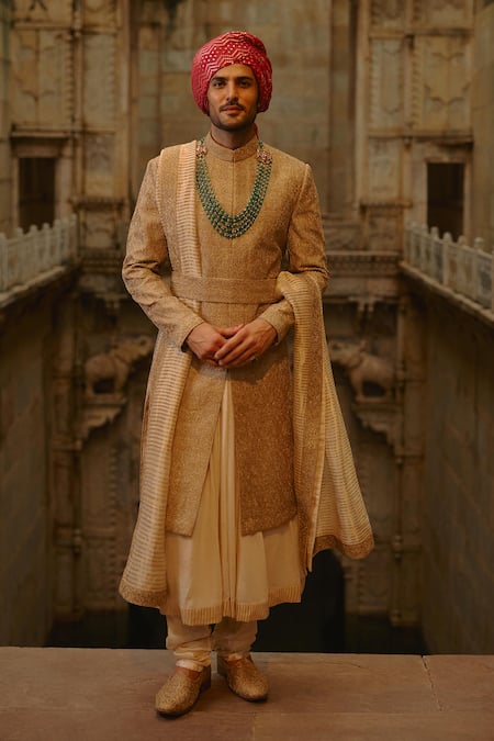 Nitika Gujral Gold Tussar, Silk, Cotton Embroidery, Zari, Beads Tonal Sherwani Set 