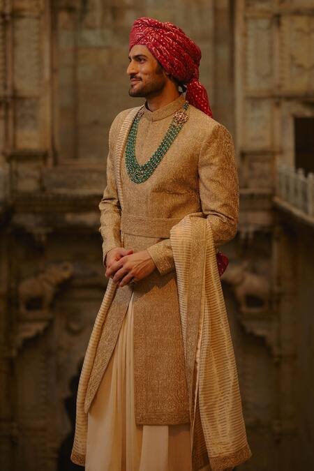 Shop_Nitika Gujral_Gold Tussar, Silk, Cotton Embroidery, Zari, Beads Tonal Sherwani Set _Online_at_Aza_Fashions