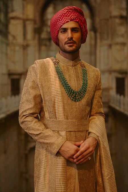 Nitika Gujral_Gold Tussar, Silk, Cotton Embroidery, Zari, Beads Tonal Sherwani Set _at_Aza_Fashions