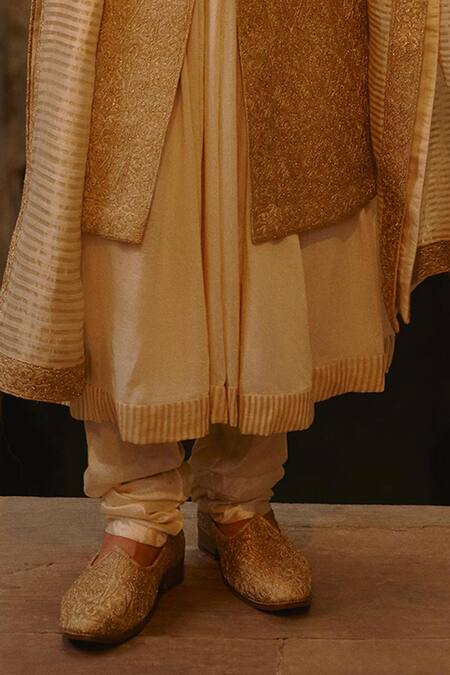 Buy_Nitika Gujral_Gold Tussar, Silk, Cotton, Chanderi Embroidery, Zari, Beads Floral Sherwani Set _Online_at_Aza_Fashions