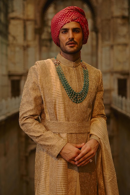 Nitika Gujral_Gold Tussar, Silk, Cotton, Chanderi Embroidery, Zari, Beads Floral Sherwani Set _at_Aza_Fashions