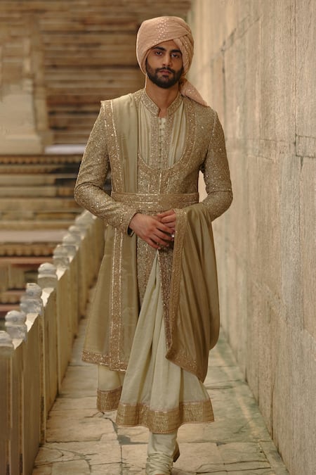 Nitika Gujral Olive Green Silk, Chanderi, Cotton Embroidery, Flower Butti Work Sherwani Set at Aza Fashions Nitika Gujral_Olive Green Silk, Chanderi, Cotton Embroidery, Flower Butti Work Sherwani Set _at_Aza_Fashions