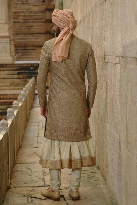 Nitika Gujral Olive Green Silk, Chanderi, Cotton Embroidery, Flower Butti Work Sherwani Set Online at Aza Fashions Nitika Gujral_Olive Green Silk, Chanderi, Cotton Embroidery, Flower Butti Work Sherwani Set _Online_at_Aza_Fashions