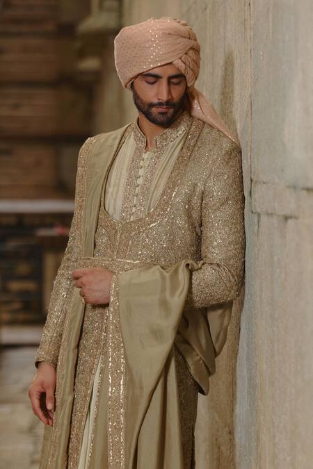 Nitika Gujral_Olive Green Silk, Chanderi Embroidery, Metallic Flower Butti Work Sherwani Set _at_Aza_Fashions