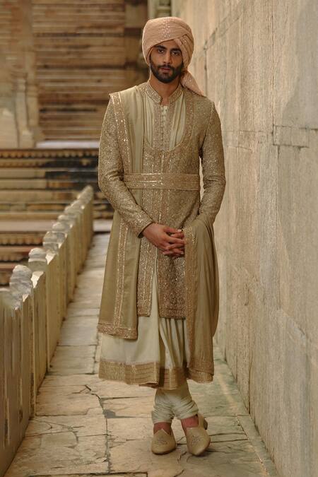 Buy_Nitika Gujral_Olive Green Silk, Chanderi Embroidery, Metallic Flower Butti Work Sherwani Set 