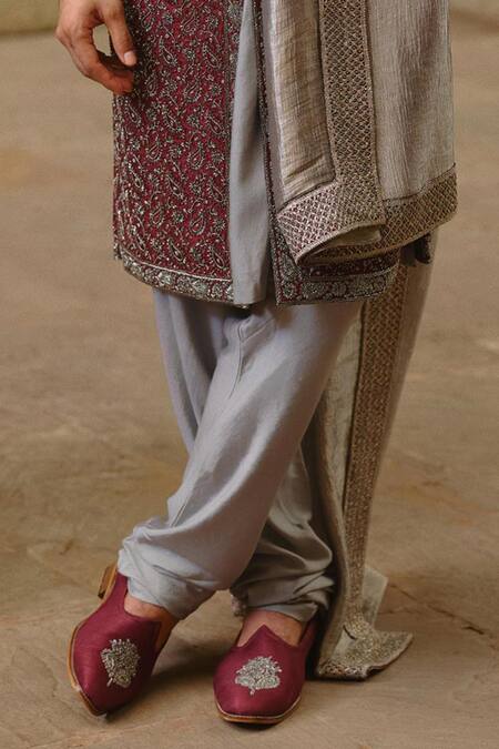 Buy_Nitika Gujral_Burgundy Silk, Modal, Satin Embroidery, Beads, Sequins, Tonal Sherwani Set _Online_at_Aza_Fashions